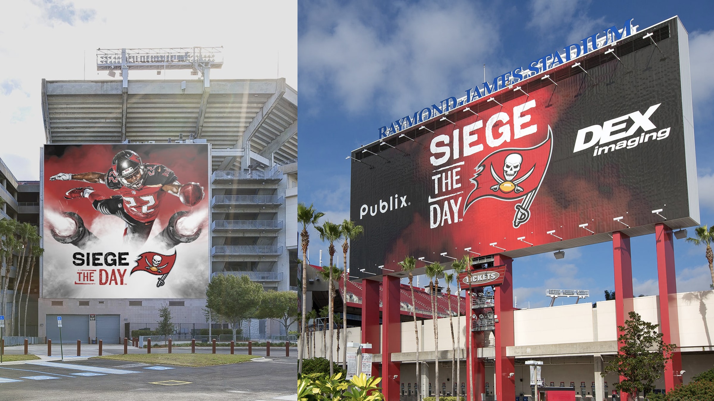 Photos of stadium with Siege the Day campaign art