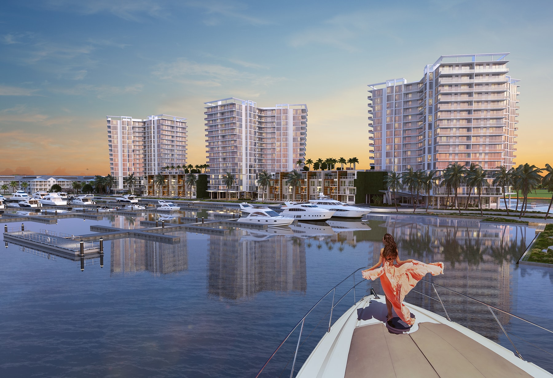 Image of a woman on a boat with Marina Pointe towers in background