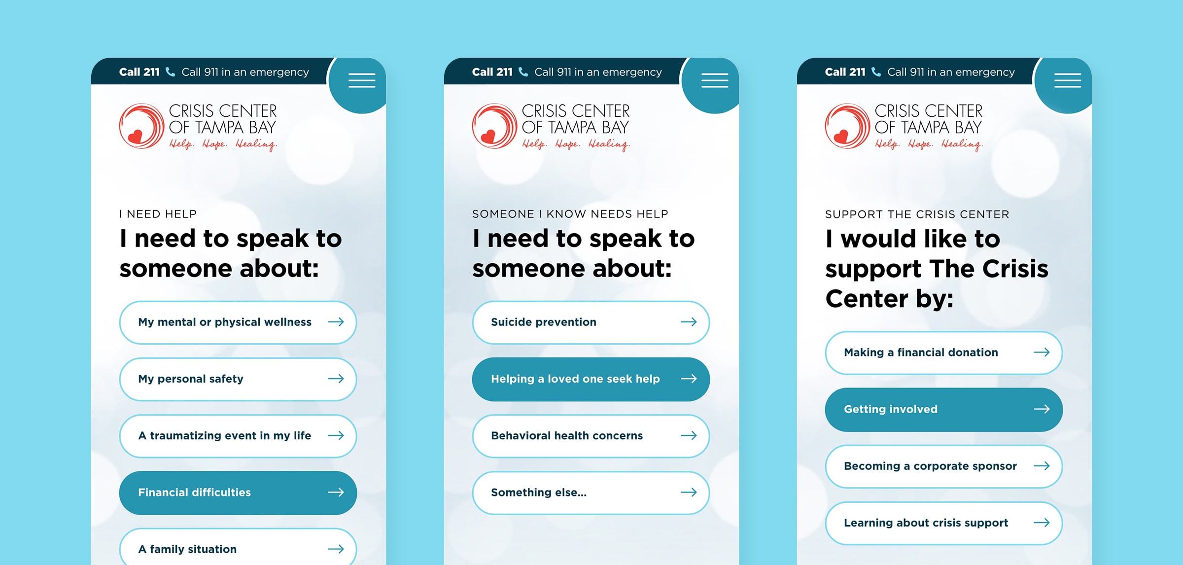 Pages of the Crisis Center website that guide a user to find help, help someone they know, or support the organization