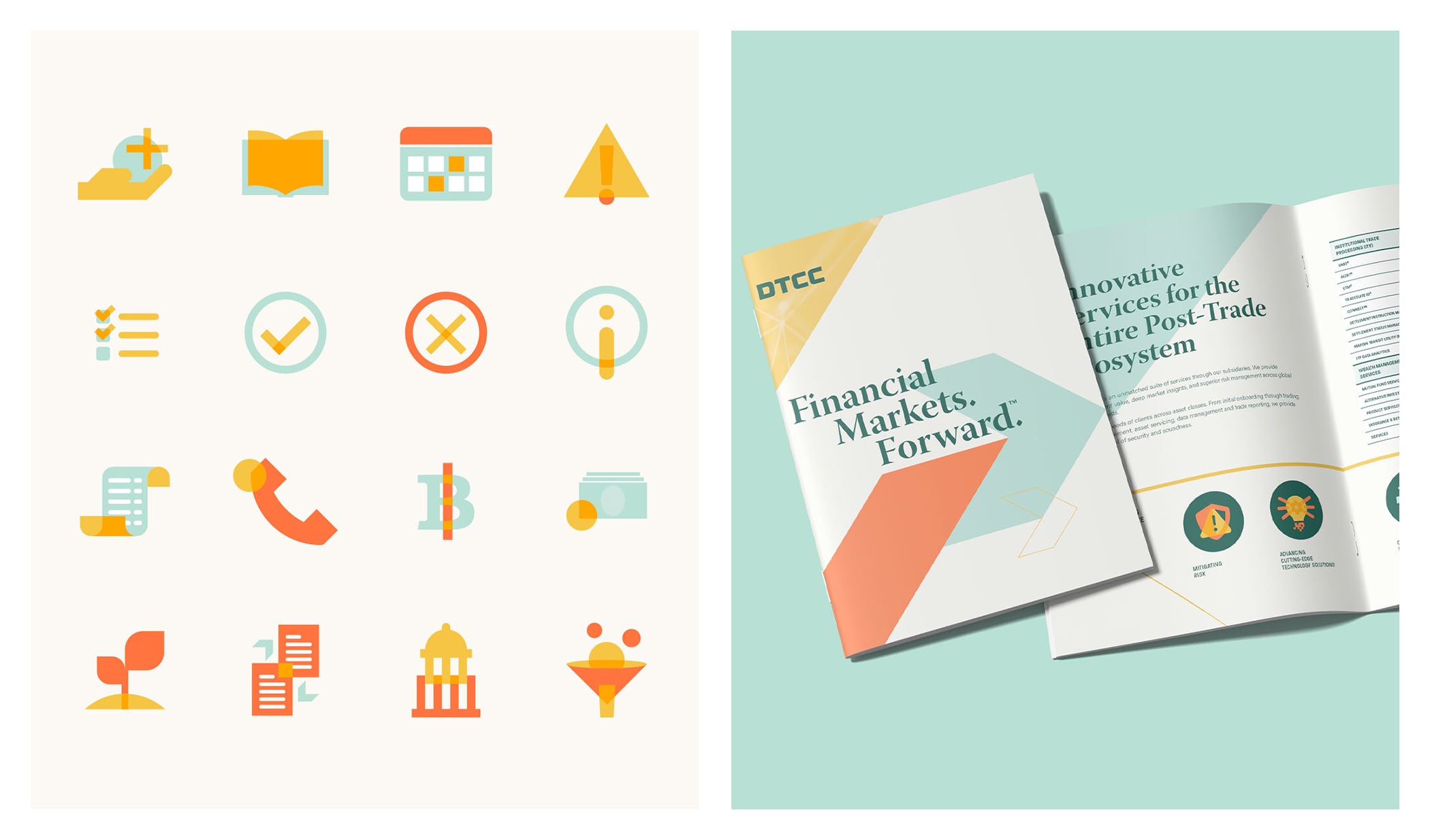 DTCC's style for iconography, and a cover and open spread of a DTCC brochure