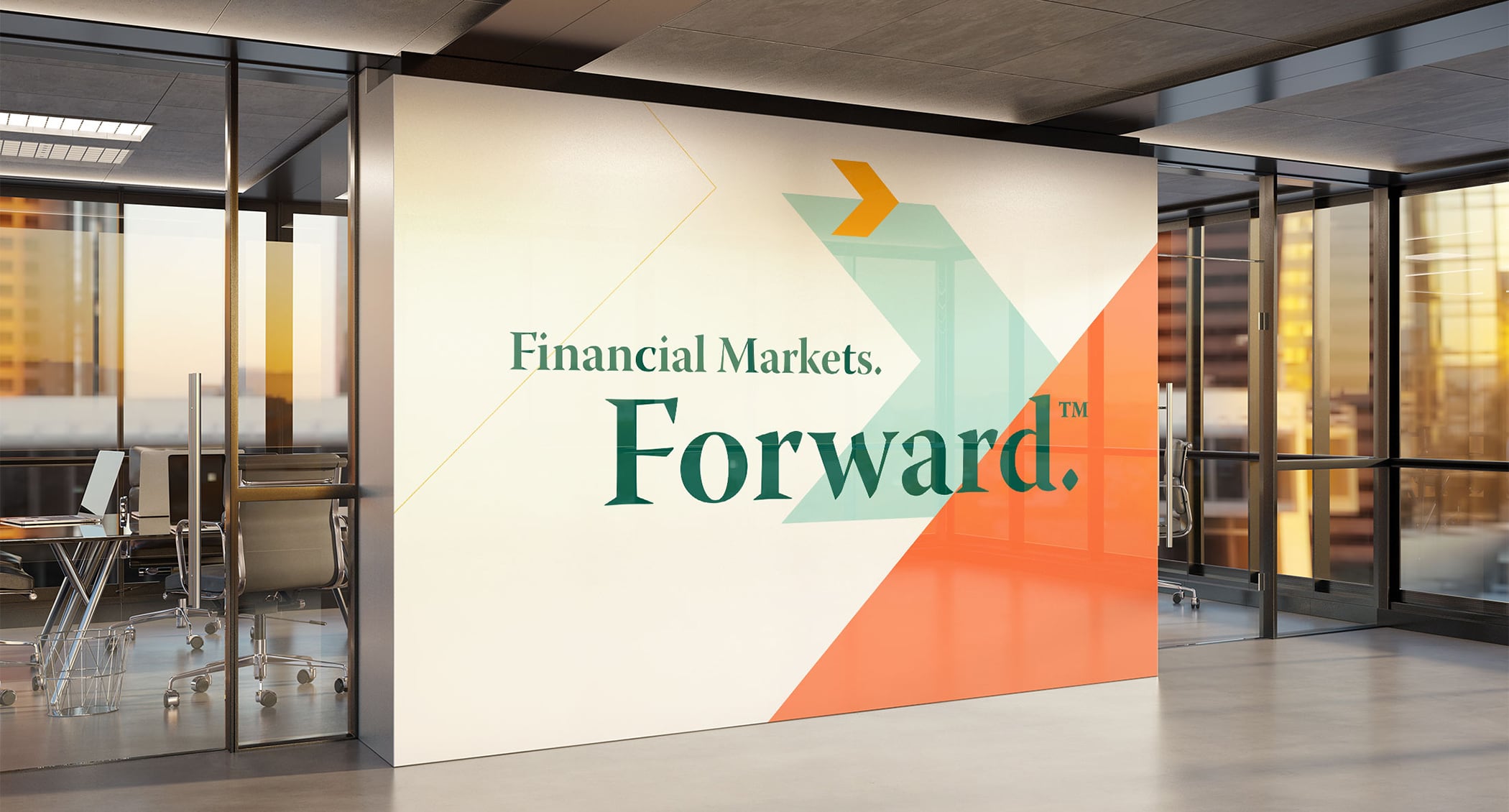 A large wall mural in an office with text that reads Financial Markets. Forward.