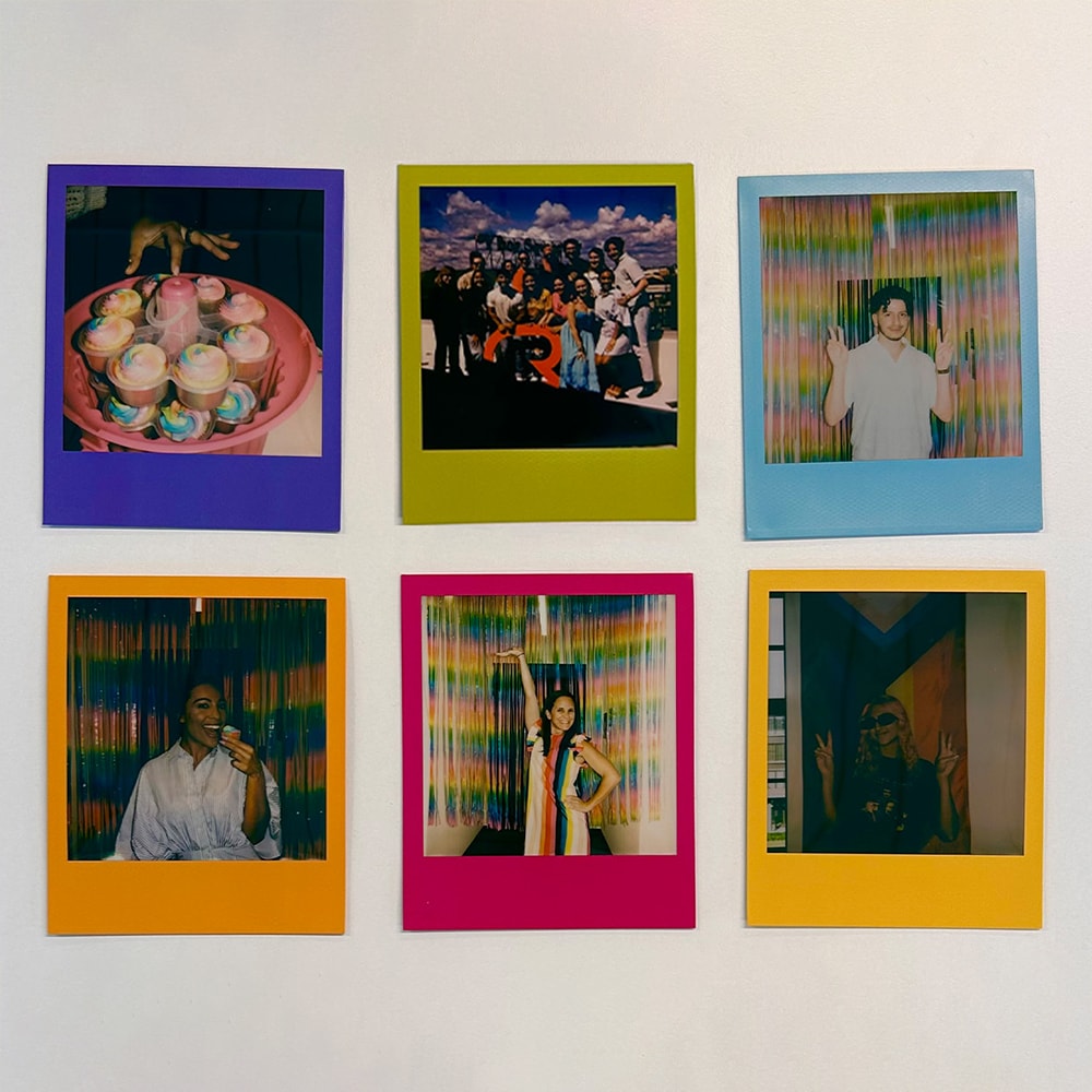 Polaroid photos of CR team celebrating Pride month with colorful outfits, decorations and desserts