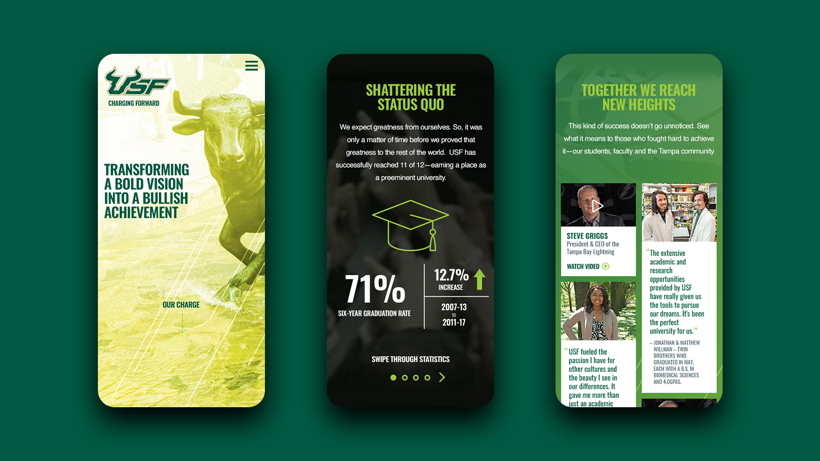 Screenshots from the USF Preemininence mobile website