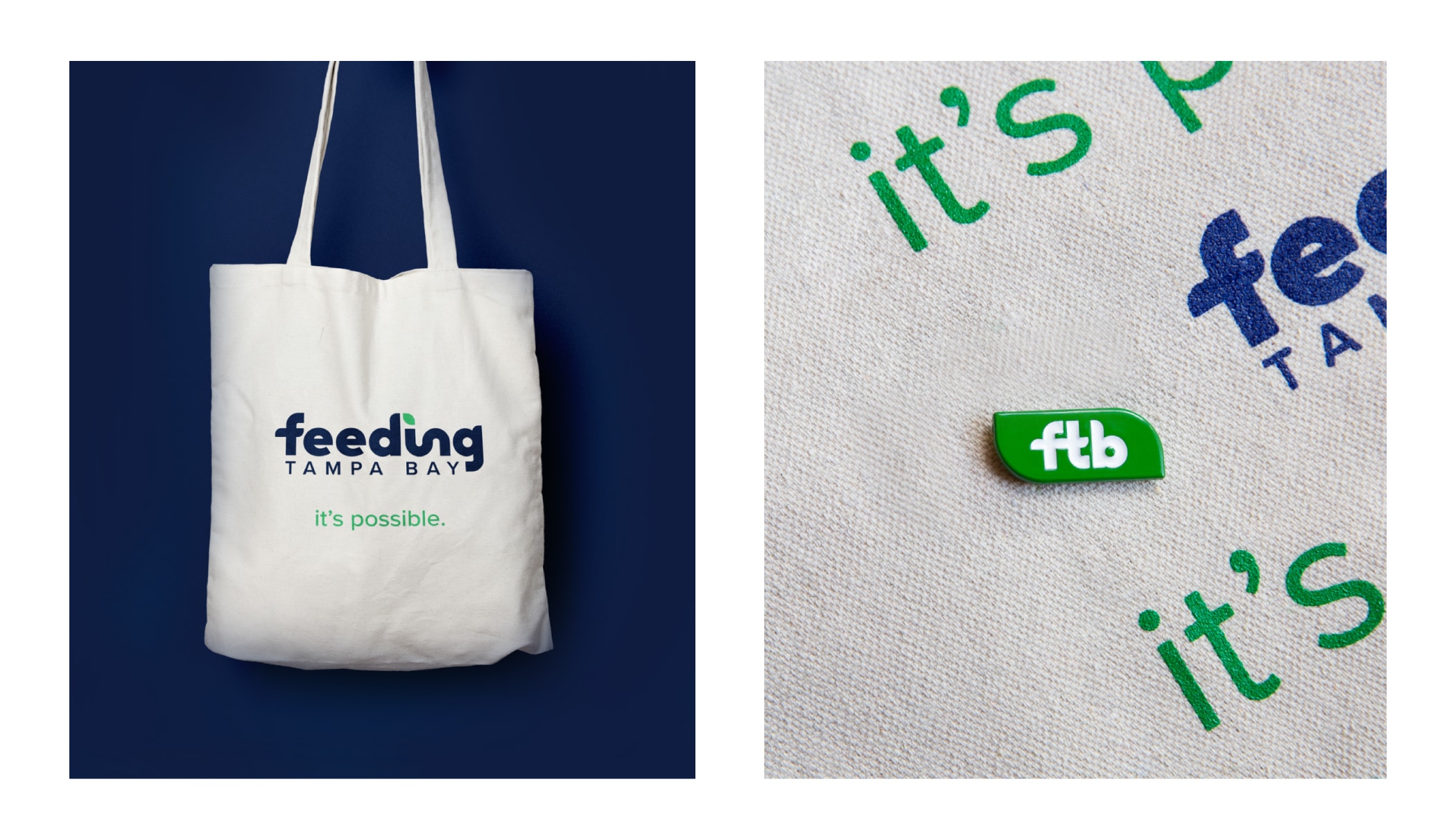 Photos of a Feeding Tampa branded tote bag and lapel pin