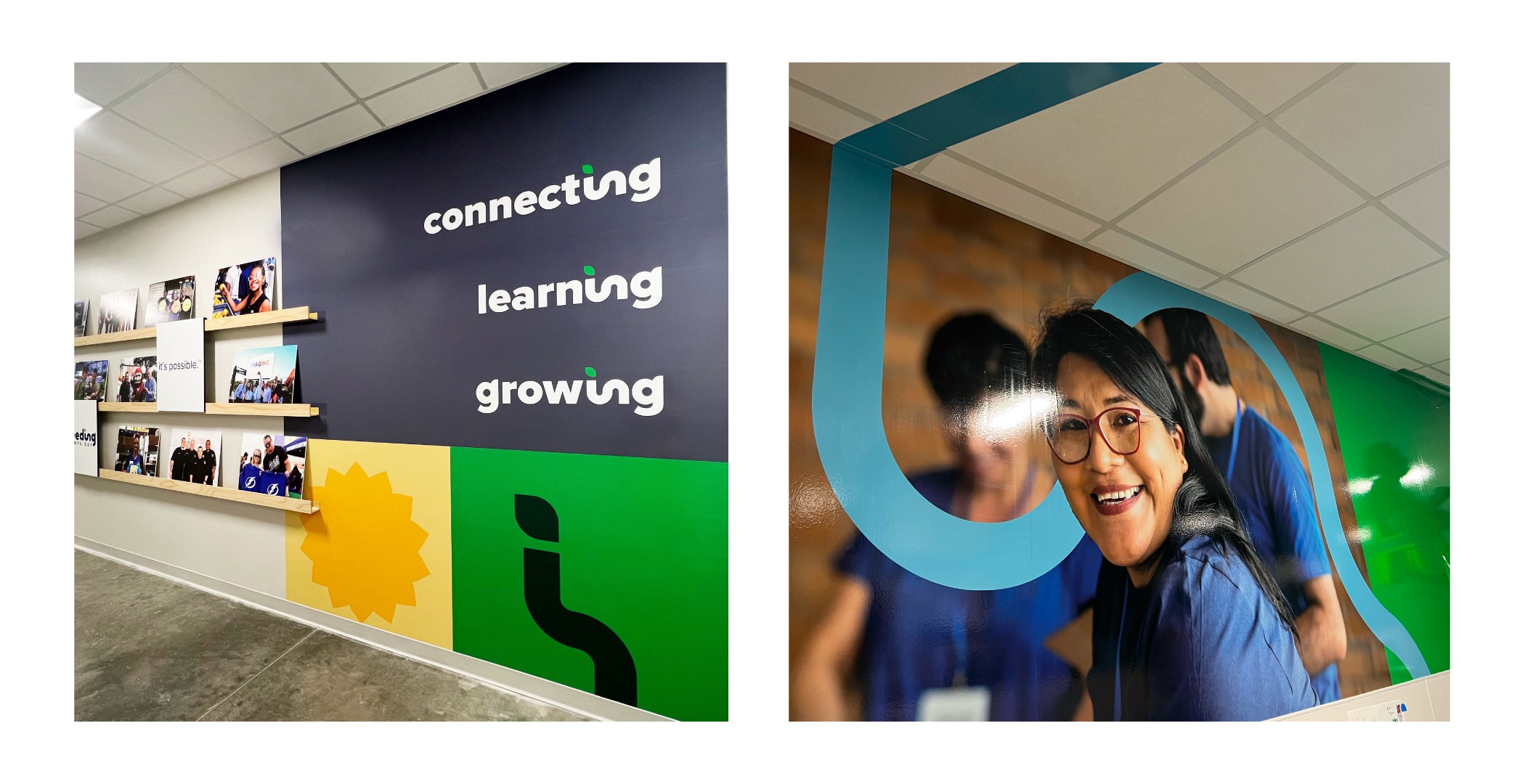 Artwork on the walls inside Feeding Tampa Bay's offices that read: Connecting. Learning. Growing.