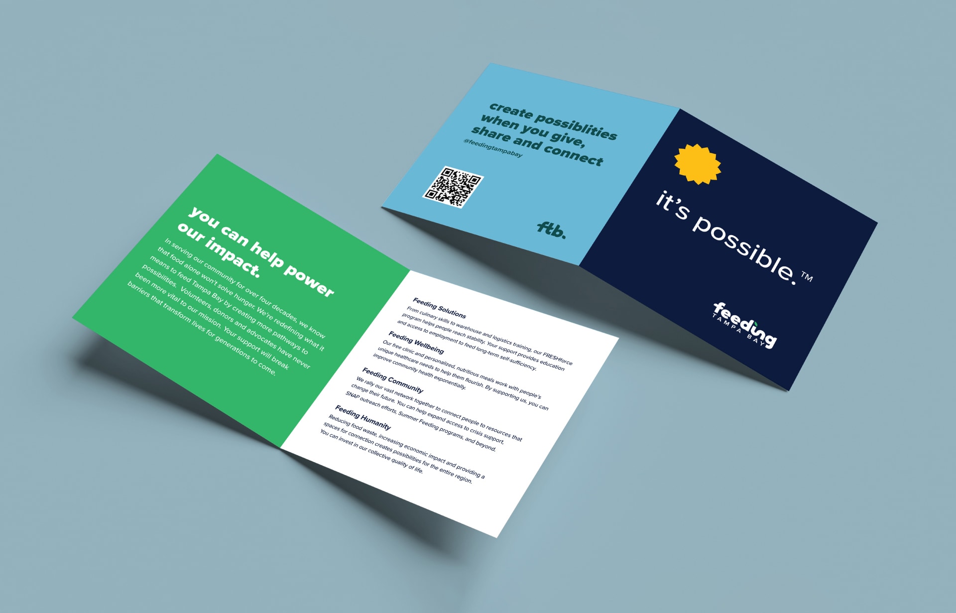 Two open spreads of a Feeding Tampa Bay brochure reading It's Possible – create possibilities when you give, share and connect – you can help power our impact