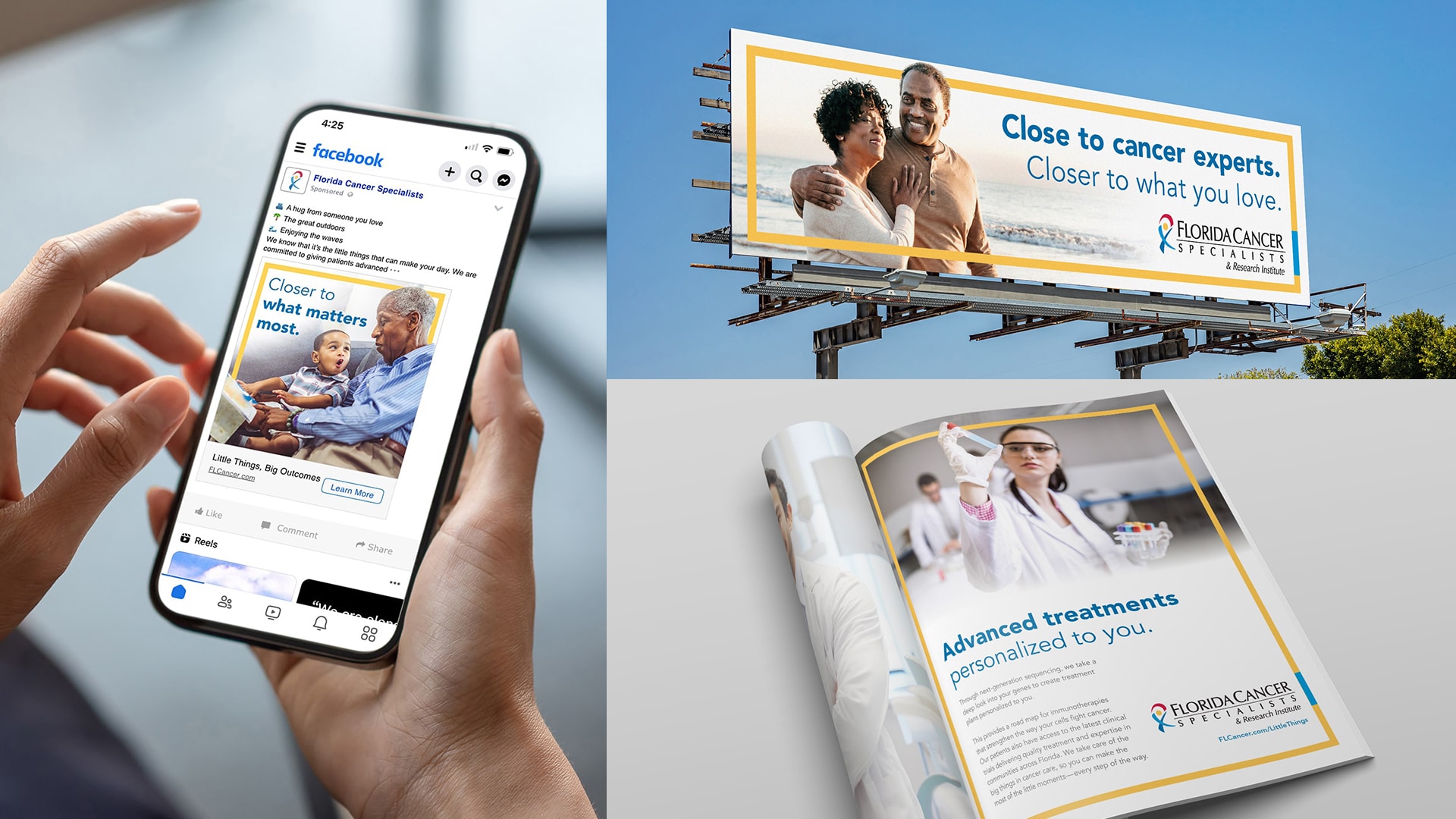 A collage of photos showing a social media ad, billboard and print ad for Florida Cancer Specialists highlighting advanced cancer treatments that are close to home.