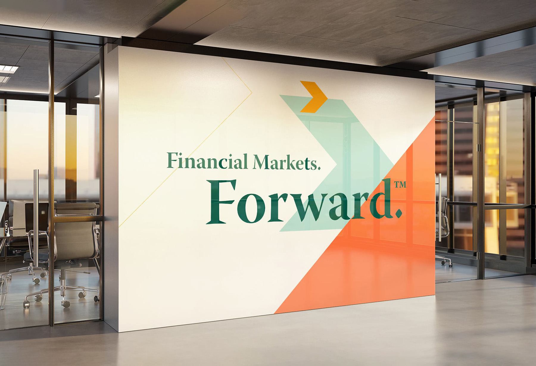 A large wall mural in an office with text that reads Financial Markets. Forward.